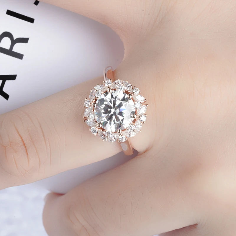 8.5mm Round Cut Moissanite with Round/Marquise Halo in 14K Solid Rose Gold