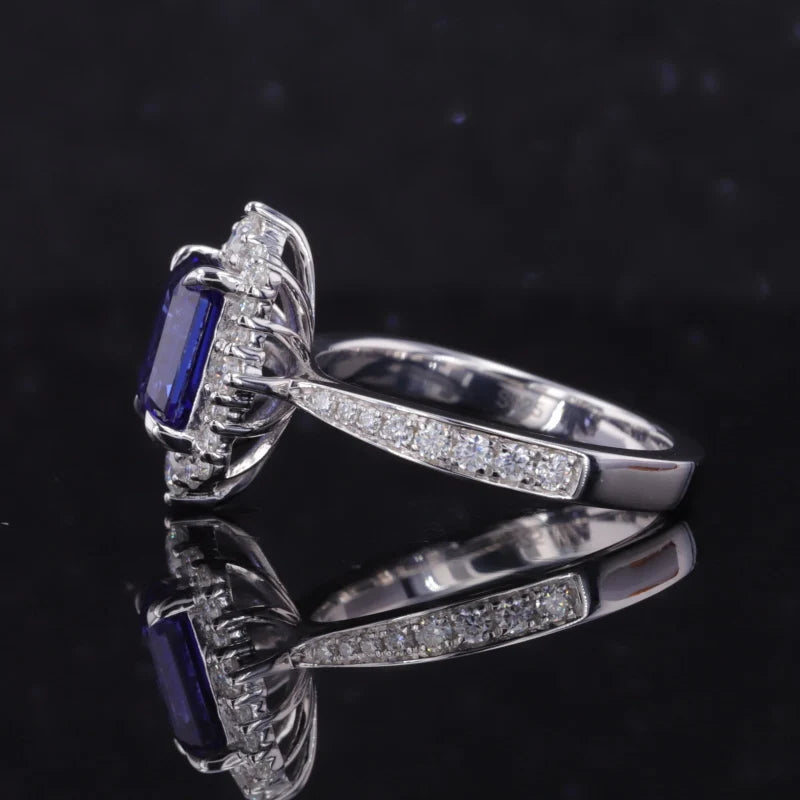 6x8mm, 2.10ct Emerald Lab-Grown Blue Sapphire Diamond Halo/Half-Eternity Ring in 14K White Gold