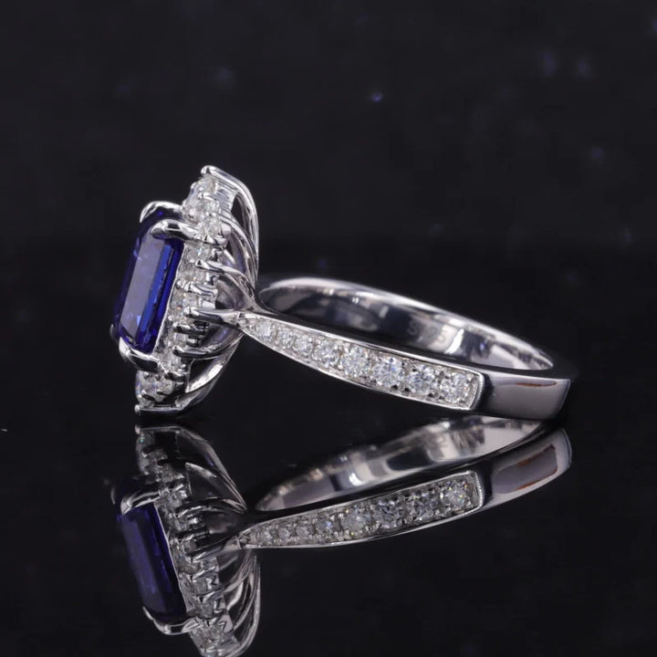 6x8mm, 2.10ct Emerald Lab-Grown Blue Sapphire Diamond Halo/Half-Eternity Ring in 14K White Gold