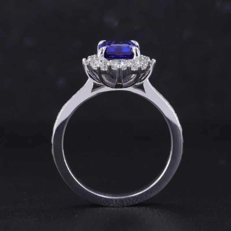 6x8mm, 2.10ct Emerald Lab-Grown Blue Sapphire Diamond Halo/Half-Eternity Ring in 14K White Gold