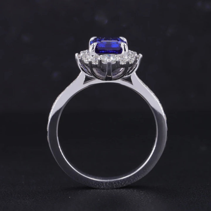 6x8mm, 2.10ct Emerald Lab-Grown Blue Sapphire Diamond Halo/Half-Eternity Ring in 14K White Gold
