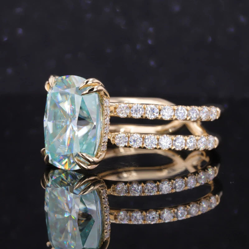 9x11mm, 5.90ct Cushion Lab-Grown Light Blue Sapphire with Hidden-Halo/Double Band Half-Eternity Ring in 10K Yellow Gold