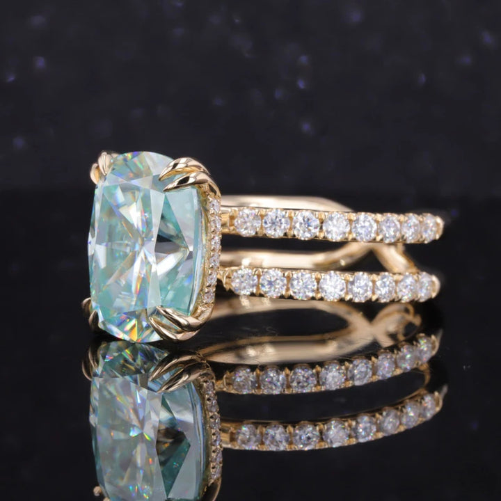 9x11mm, 5.90ct Cushion Lab-Grown Light Blue Sapphire with Hidden-Halo/Double Band Half-Eternity Ring in 10K Yellow Gold