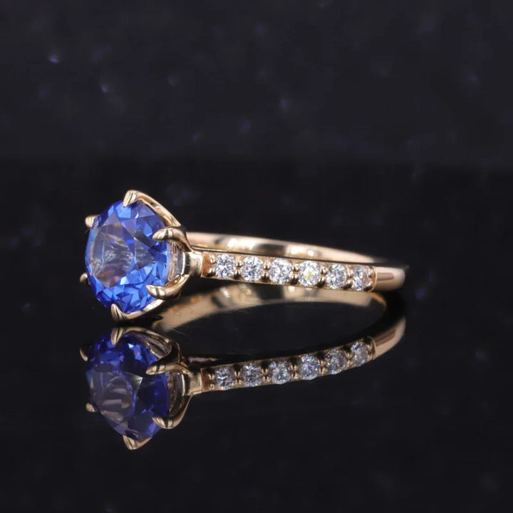 9mm, 3.75ct Round Lab-Grown Blue Sapphire with Diamond Half-Eternity Ring in 14K Yellow Gold