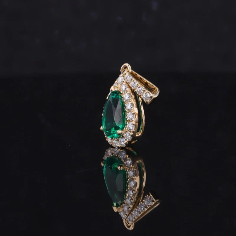 5x7mm, 0.75ct Pear Lab-Grown Zambian Emerald with Diamond Halo Pendant in 14K Yellow Gold