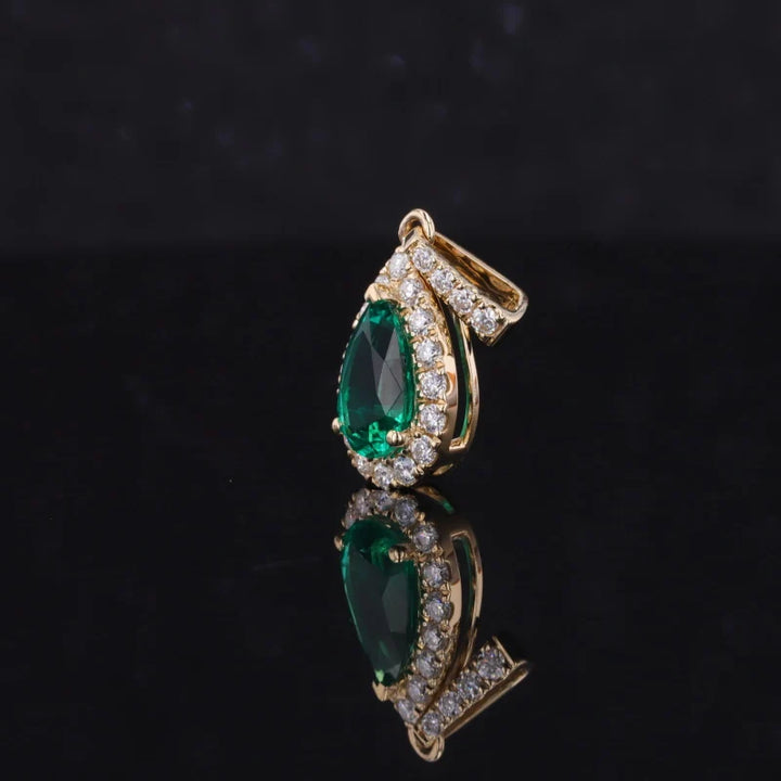 5x7mm, 0.75ct Pear Lab-Grown Zambian Emerald with Diamond Halo Pendant in 14K Yellow Gold