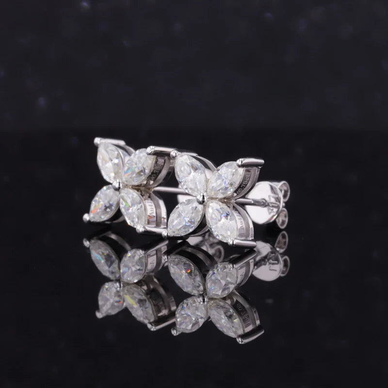 Four Petal Flower Diamond Earrings in 14K Solid White Gold