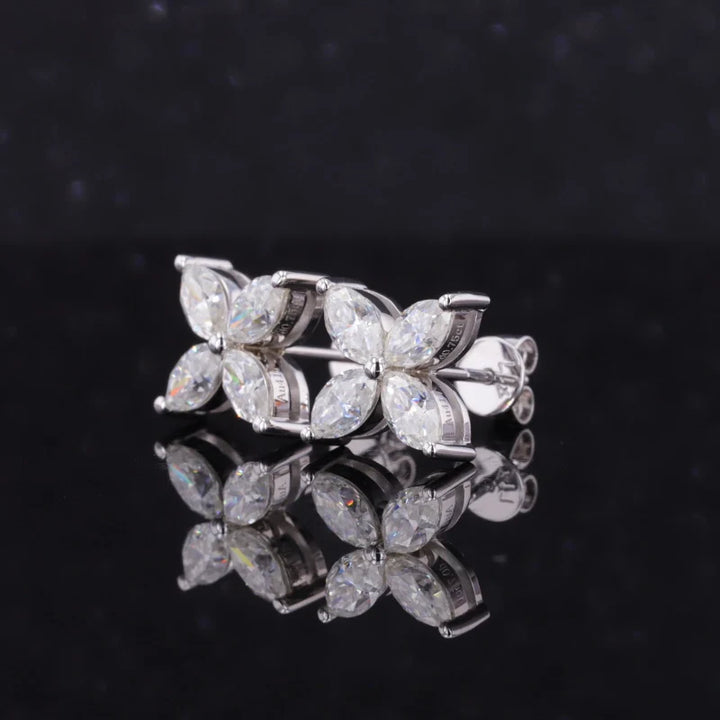 Four Petal Flower Diamond Earrings in 14K Solid White Gold
