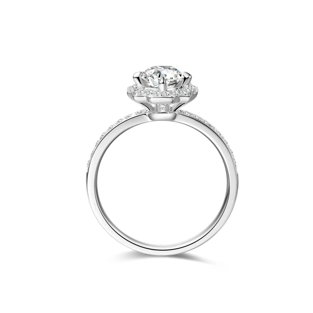 1.00ct Round Lab-Grown Diamond Solitaire Ring with Micropavé Band and Geometric Halo in White Gold