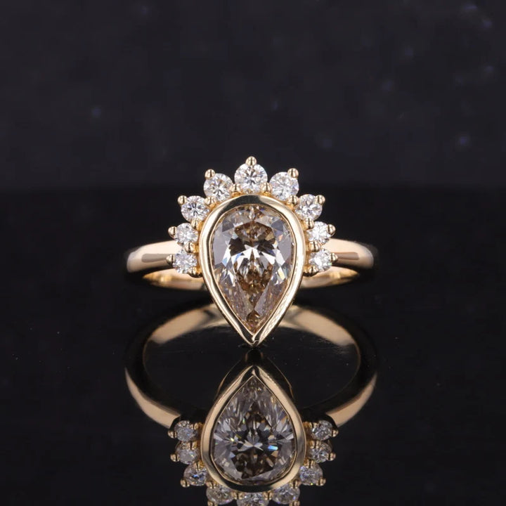 1.5ct Pear Cut Champaign Gold Moissanite with Half-Halo Moissanite in 14K Solid Yellow Gold