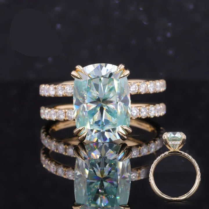 9x11mm, 5.90ct Cushion Lab-Grown Light Blue Sapphire with Hidden-Halo/Double Band Half-Eternity Ring in 10K Yellow Gold