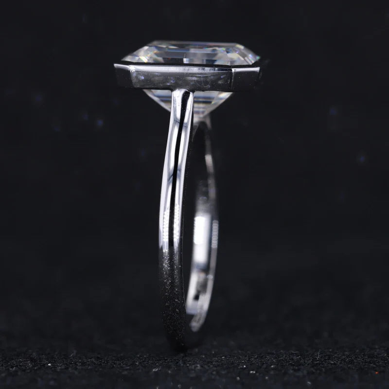 9x11mm Emerald Cut Moissanite Bezel-Set Solitaire Ring in 14K Solid White Gold