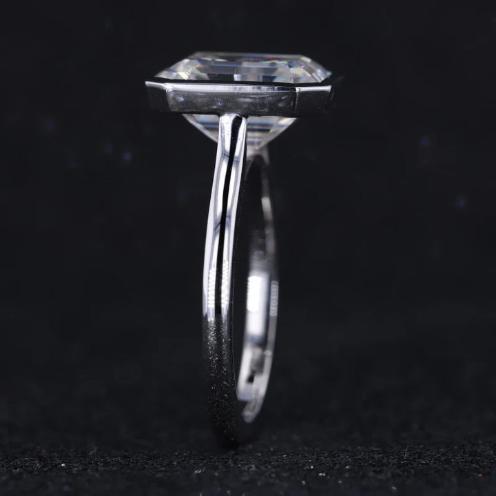 9x11mm Emerald Cut Moissanite Bezel-Set Solitaire Ring in 14K Solid White Gold