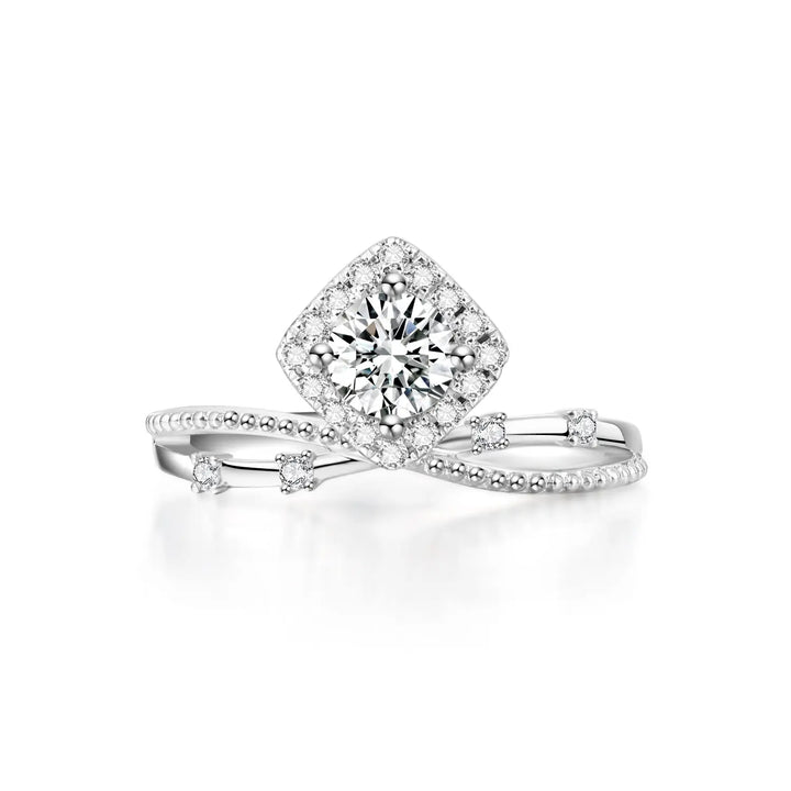0.75ct Round Lab-Grown Diamond Solitaire Floating Ring with Halo and Twisted Pavé Band in White Gold