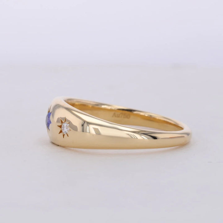 3mm Round Lab-Grown Blue Sapphire Three-Stone Ring with Round Diamonds in 18K Yellow Gold