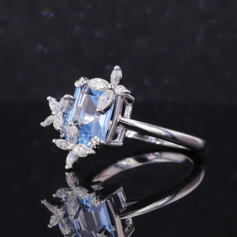 7x9mm, 2.50ct Emerald Lab-Grown Light Blue Sapphire with Diamond Butterflies Ring in 14K White Gold