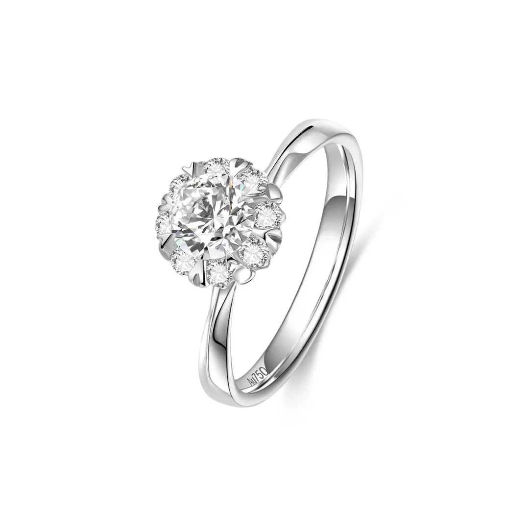 0.75ct Round Lab-Grown Diamond Solitaire Ring with Raised Flower Halo Setting in White Gold