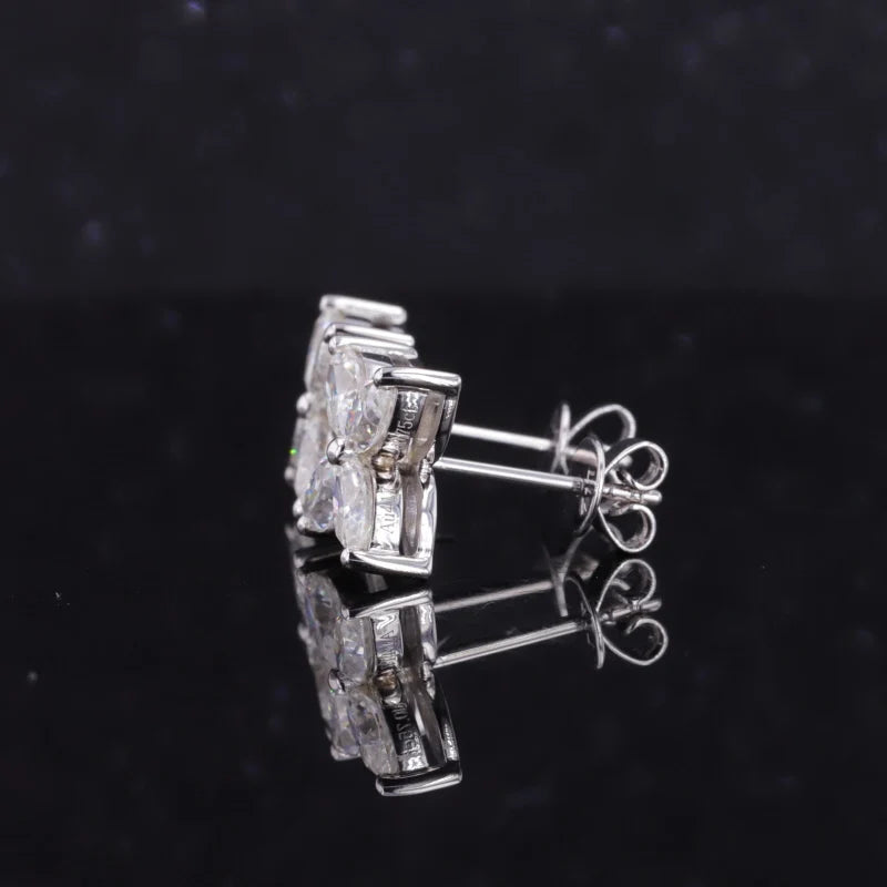 Four Petal Flower Diamond Earrings in 14K Solid White Gold