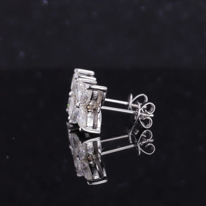 Four Petal Flower Diamond Earrings in 14K Solid White Gold