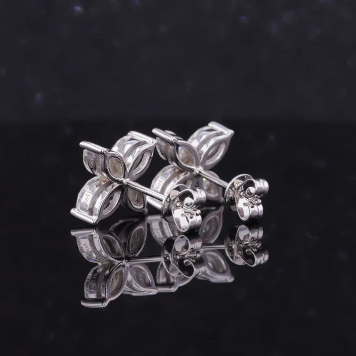 Four Petal Flower Diamond Earrings in 14K Solid White Gold