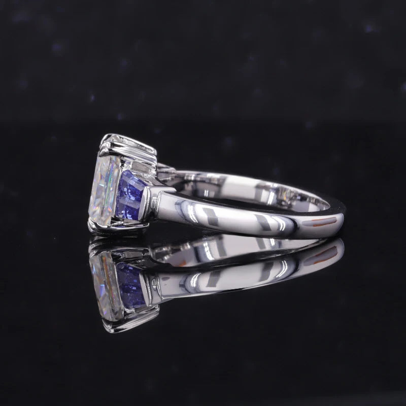 1.75ct Radiant Lab-Grown Diamond with Trapezoidal Cut Blue Sapphires Three-Stone Ring in White Gold