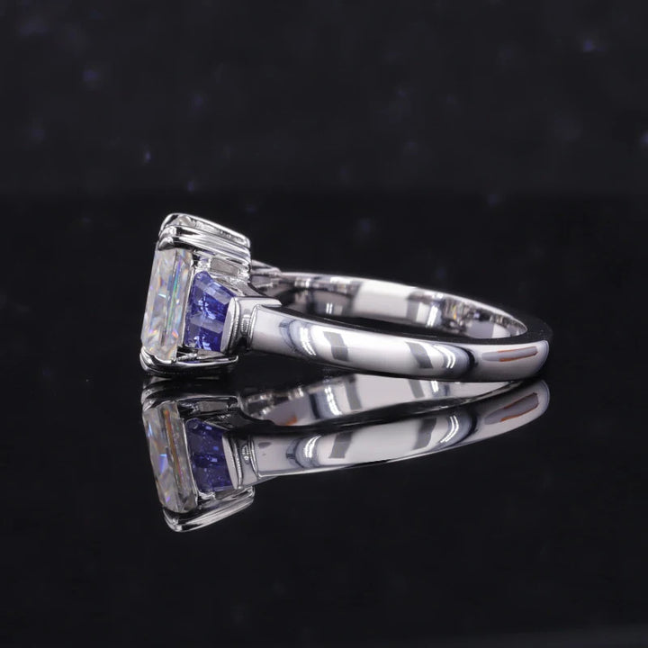 1.75ct Radiant Lab-Grown Diamond with Trapezoidal Cut Blue Sapphires Three-Stone Ring in White Gold