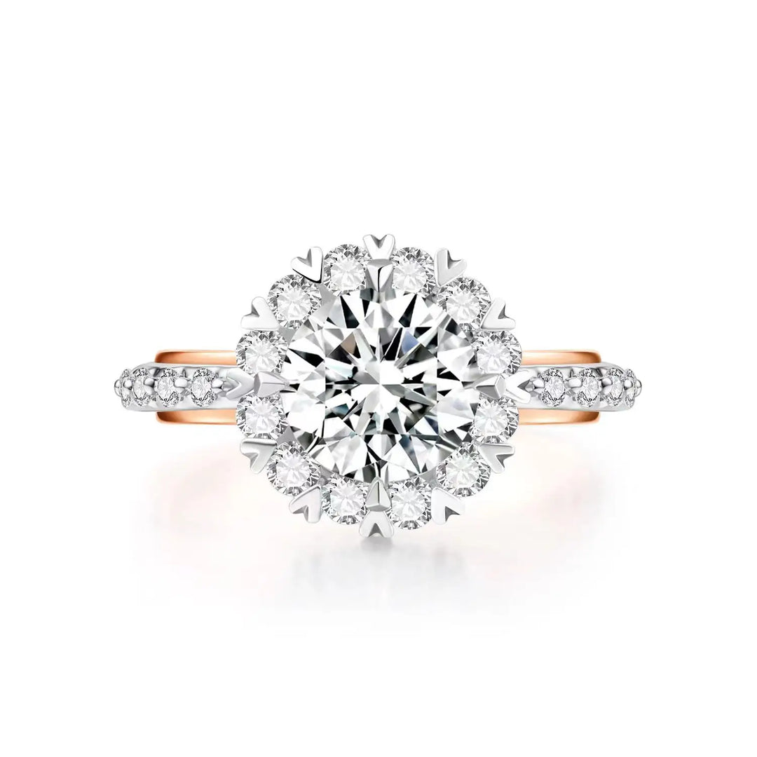 1.50ct Round Lab-Grown Diamond Solitaire Two-Tone Ring with Halo and Pavé Band in White/Rose Gold