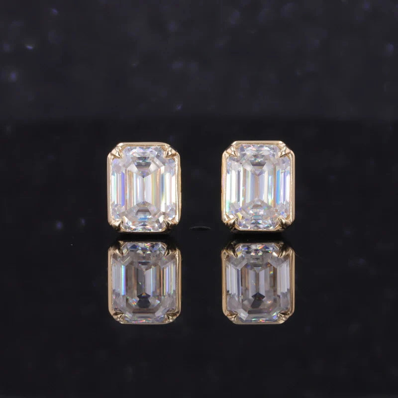 6x8mm Emerald Cut Moissanite Stud Earrings in 10K Solid Yellow Gold