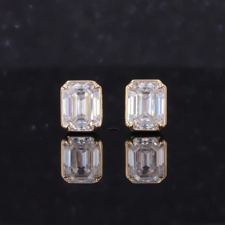 6x8mm Emerald Cut Moissanite Stud Earrings in 10K Solid Yellow Gold
