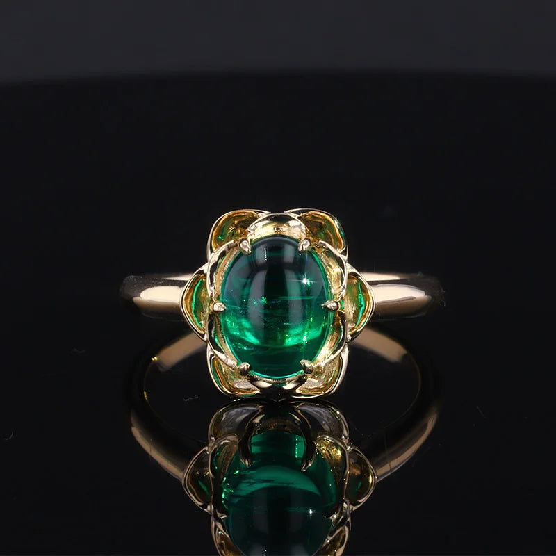 7x9mm, 2.75ct Cabochon Lab-Grown Zambian Emerald Floral Setting Ring in 14K Yellow Gold
