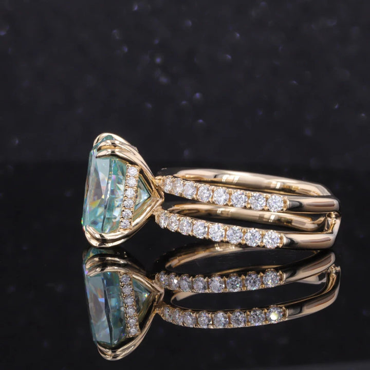 9x11mm, 5.90ct Cushion Lab-Grown Light Blue Sapphire with Hidden-Halo/Double Band Half-Eternity Ring in 10K Yellow Gold