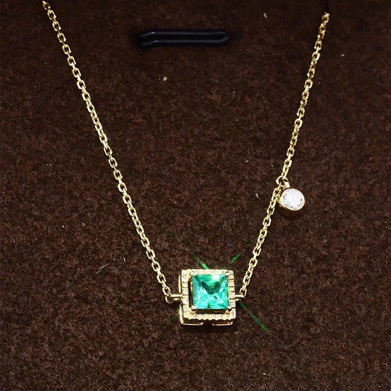 8x8mm, 2.25ct Princess Lab-Grown Colombian Emerald Pendant with Diamond Accent Necklace in 14K Yellow Gold