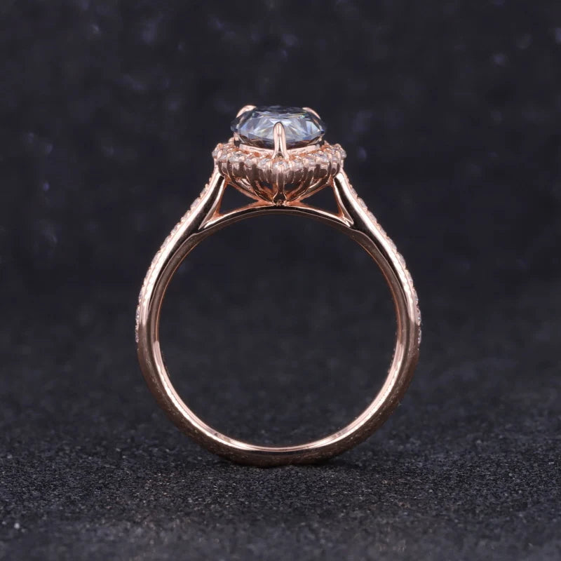 7x9mm Pear Cut Grey Moissanite with Diamond Halo/Half-Eternity Ring in 14K Solid Rose Gold