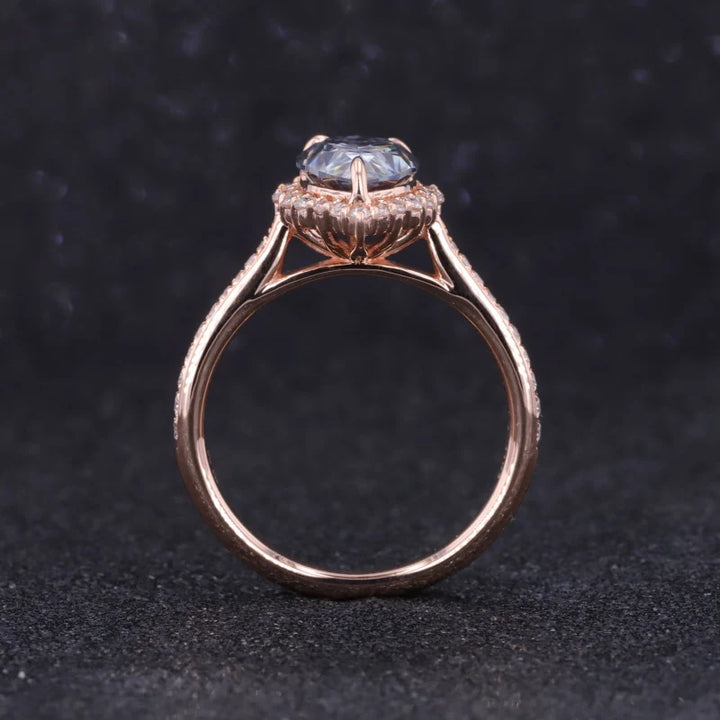 7x9mm Pear Cut Grey Moissanite with Diamond Halo/Half-Eternity Ring in 14K Solid Rose Gold