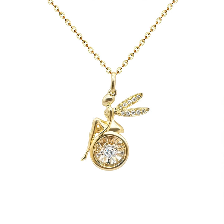 Fairy Pendant Necklace with 0.05ct Dancing Diamond in 18K Solid Yellow Gold