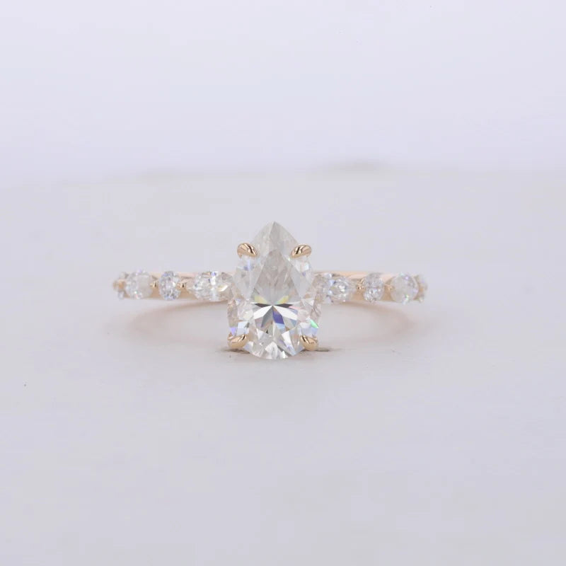 1.5ct Pear Cut Moissanite Half Eternity Ring in 14K Solid Yellow Gold