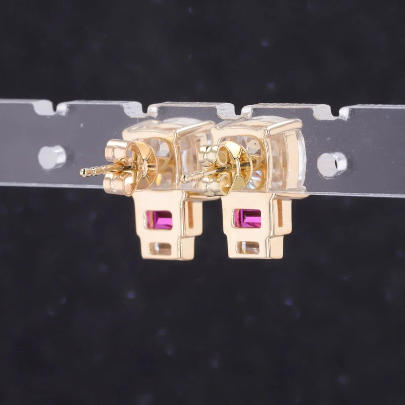 7*7mm, 2.80ctw Asscher Lab-Grown Diamond Earrings with Emerald Cut Ruby in 14k Solid Yellow Gold