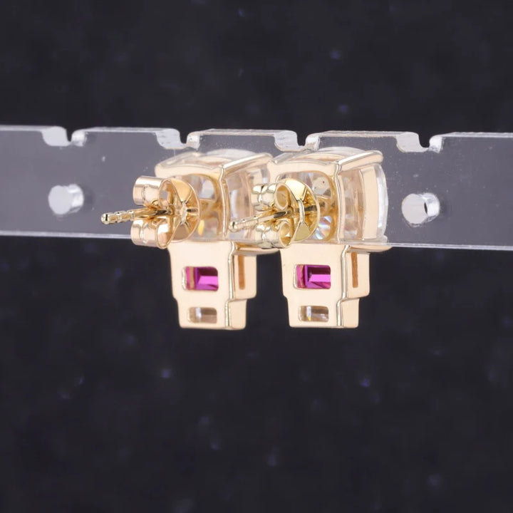 7*7mm, 2.80ctw Asscher Lab-Grown Diamond Earrings with Emerald Cut Ruby in 14k Solid Yellow Gold