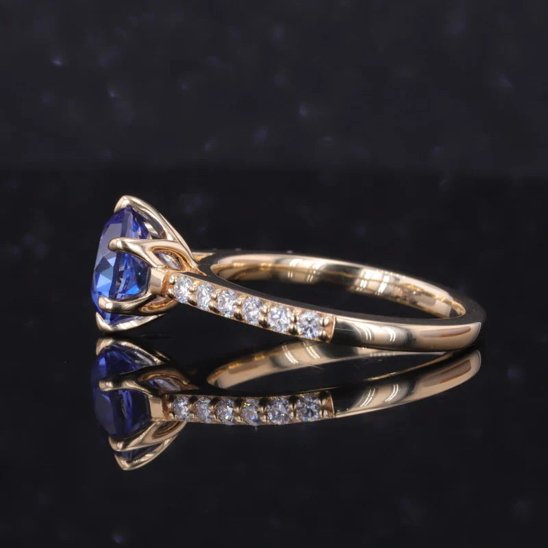 9mm, 3.75ct Round Lab-Grown Blue Sapphire with Diamond Half-Eternity Ring in 14K Yellow Gold
