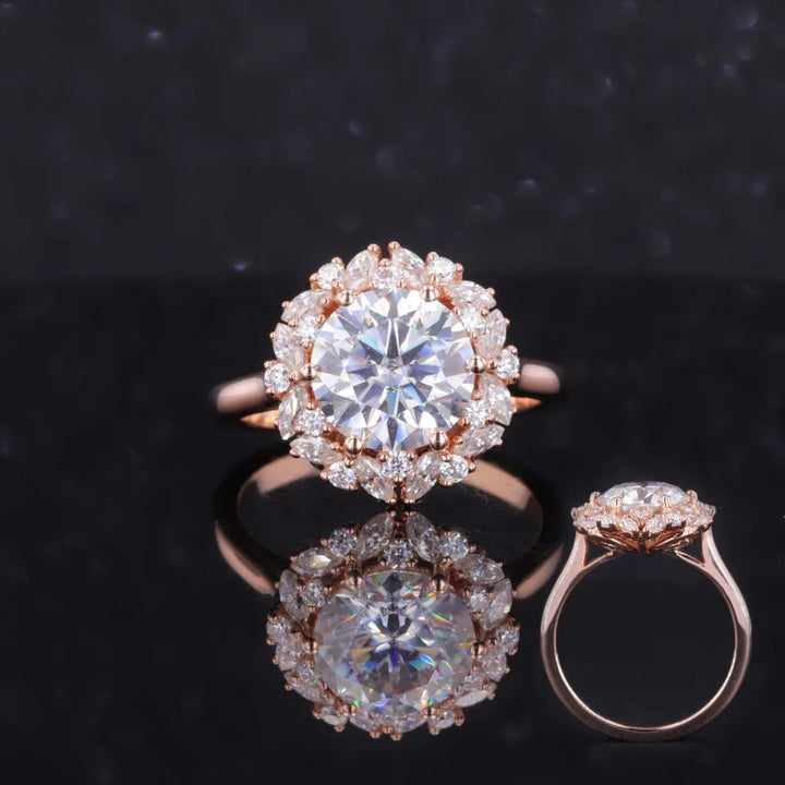 8.5mm Round Cut Moissanite with Round/Marquise Halo in 14K Solid Rose Gold