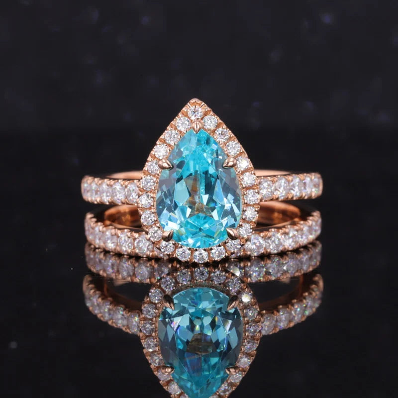 7x10mm Pear Cut Paraiba Diamond Halo/Half Eternity Ring with Staking Band in 18K Solid Rose Gold