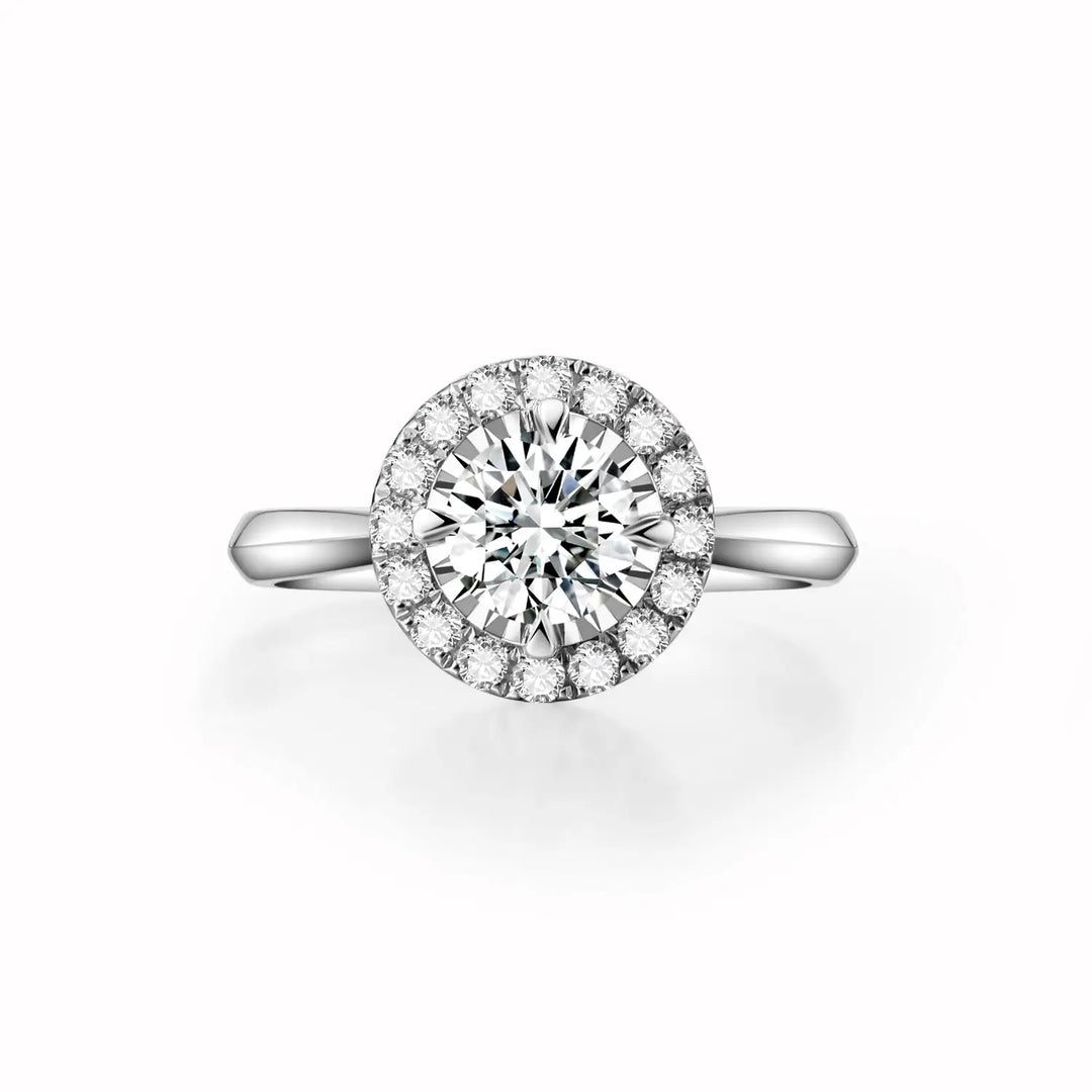 0.75ct Round Lab-Grown Diamond Solitaire Ring with Raised Rose Gold Detail and Halo in White Gold