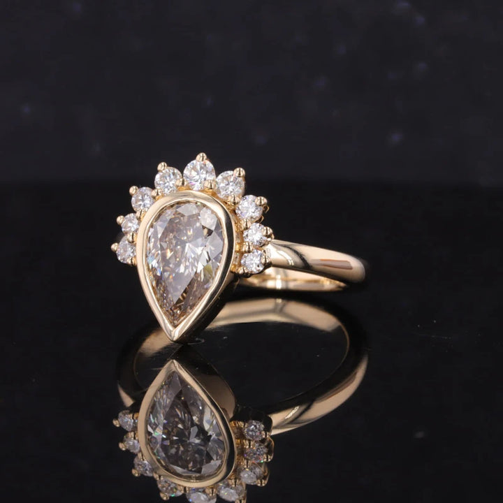 1.5ct Pear Cut Champaign Gold Moissanite with Half-Halo Moissanite in 14K Solid Yellow Gold
