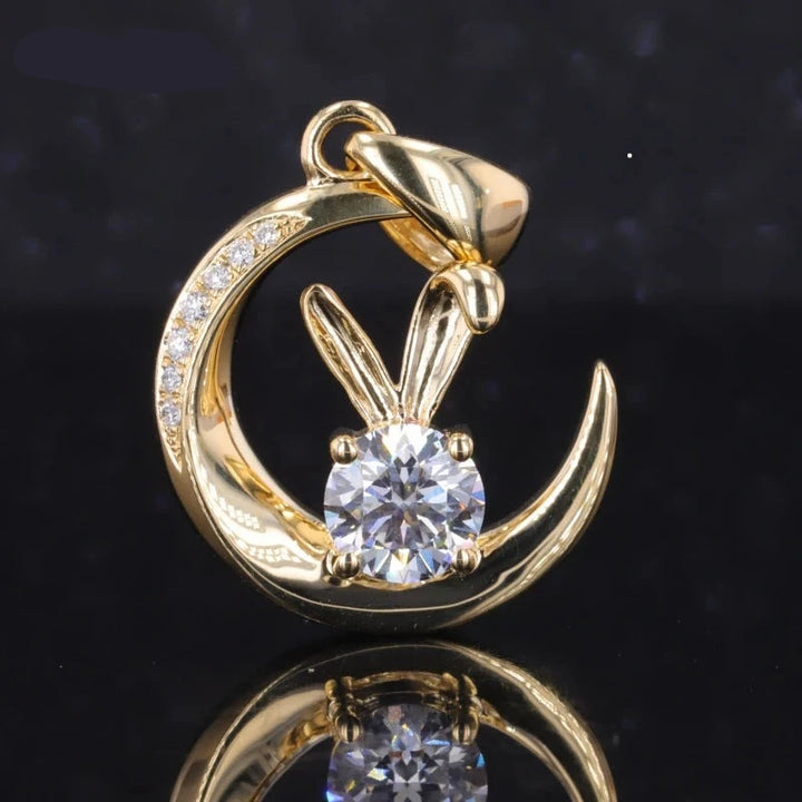 1.00ct Round Cut Moissanite Rabbit and Moon Pendant Necklace in 18K Solid Yellow Gold