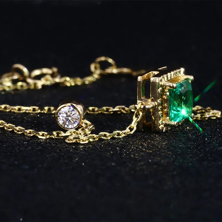 8x8mm, 2.25ct Princess Lab-Grown Colombian Emerald Pendant with Diamond Accent Necklace in 14K Yellow Gold