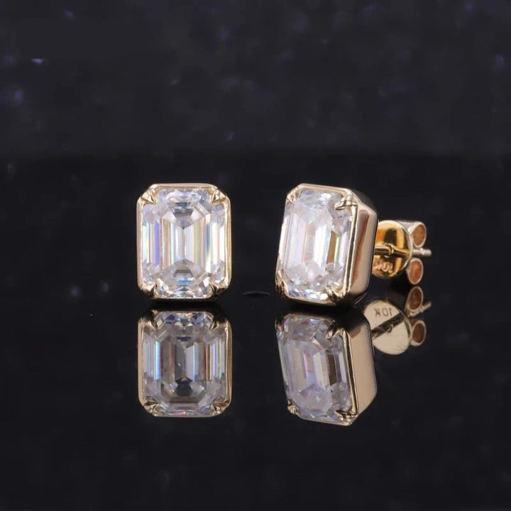 6x8mm Emerald Cut Moissanite Stud Earrings in 10K Solid Yellow Gold