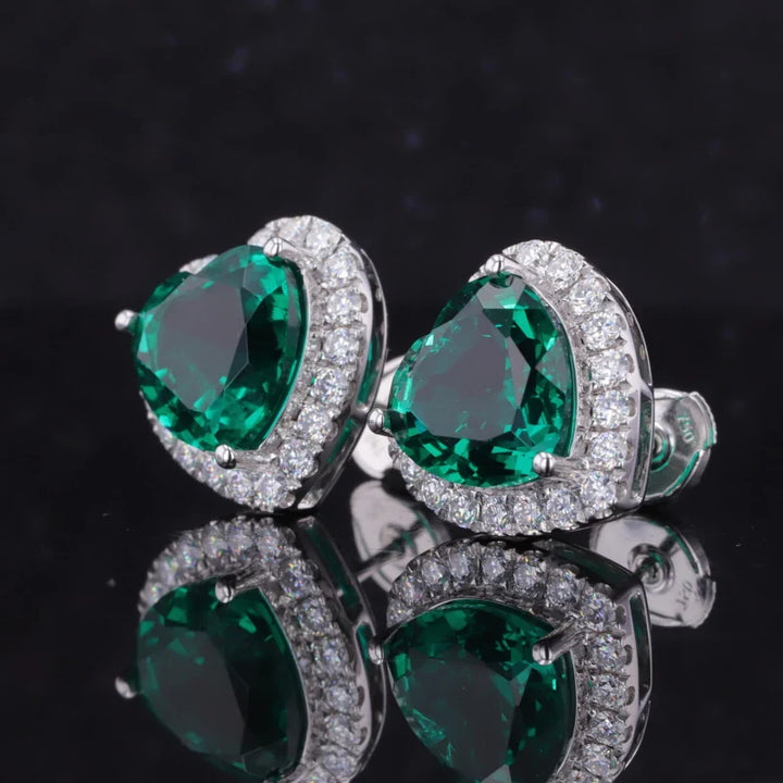 10mm, 3.20ct each Heart Lab-Grown Zambian Emerald with Diamond Halo Earrings in 18K White Gold