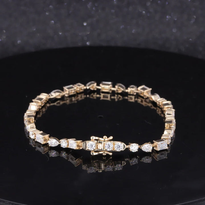 Round, Pear, Emerald Cut Moissanite Tennis Bracelet in 14K Solid White/Yellow Gold