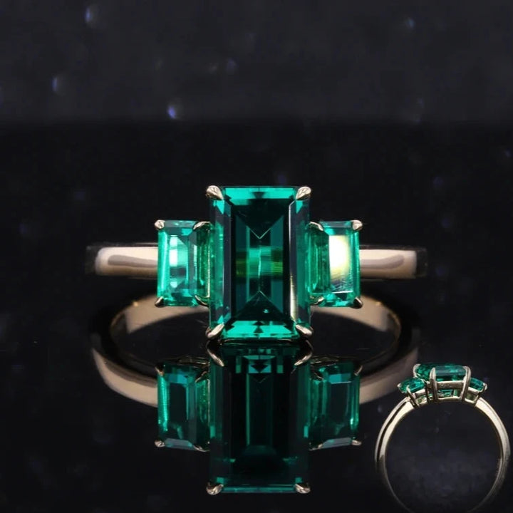 6x9mm, 2.50ctw Emerald Lab-Grown Zambian Emeralds Three-Stone Ring in 14K Yellow Gold