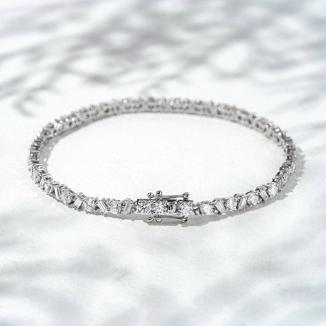 3mm, 6ct Round and Baguette Cut Diamond Tennis Bracelet in 18K Solid White Gold